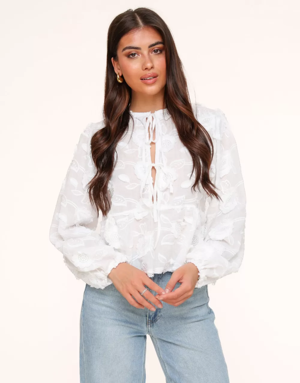 White Flowers Long Sleeves Bow Ties-Blouse<Olivia & Kate Discount
